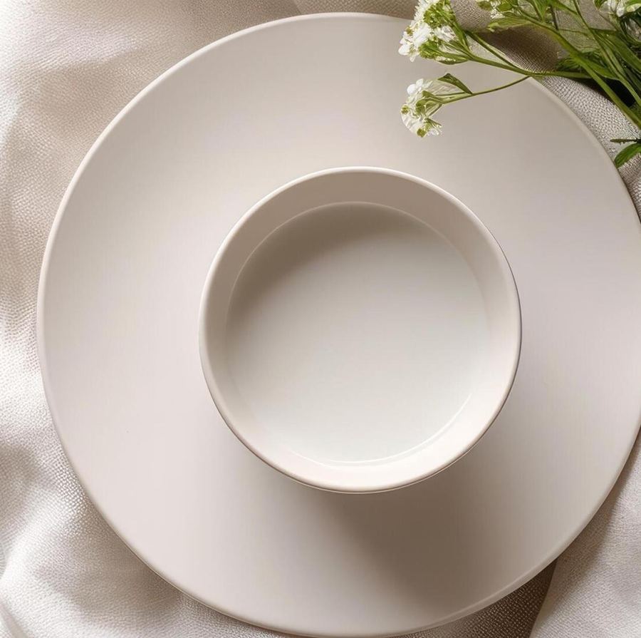 A white plate and bowl set on linen with sprigs of white flowers